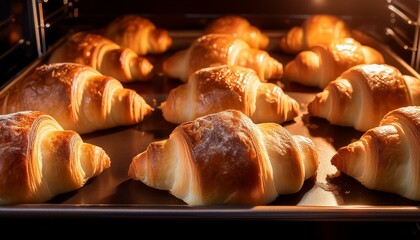 The inside of an oven with croissant baking inside; fresh croissants inside an oven; a close up view of an oven with croissants are being freshly baked; food preparation; food photography; homemade