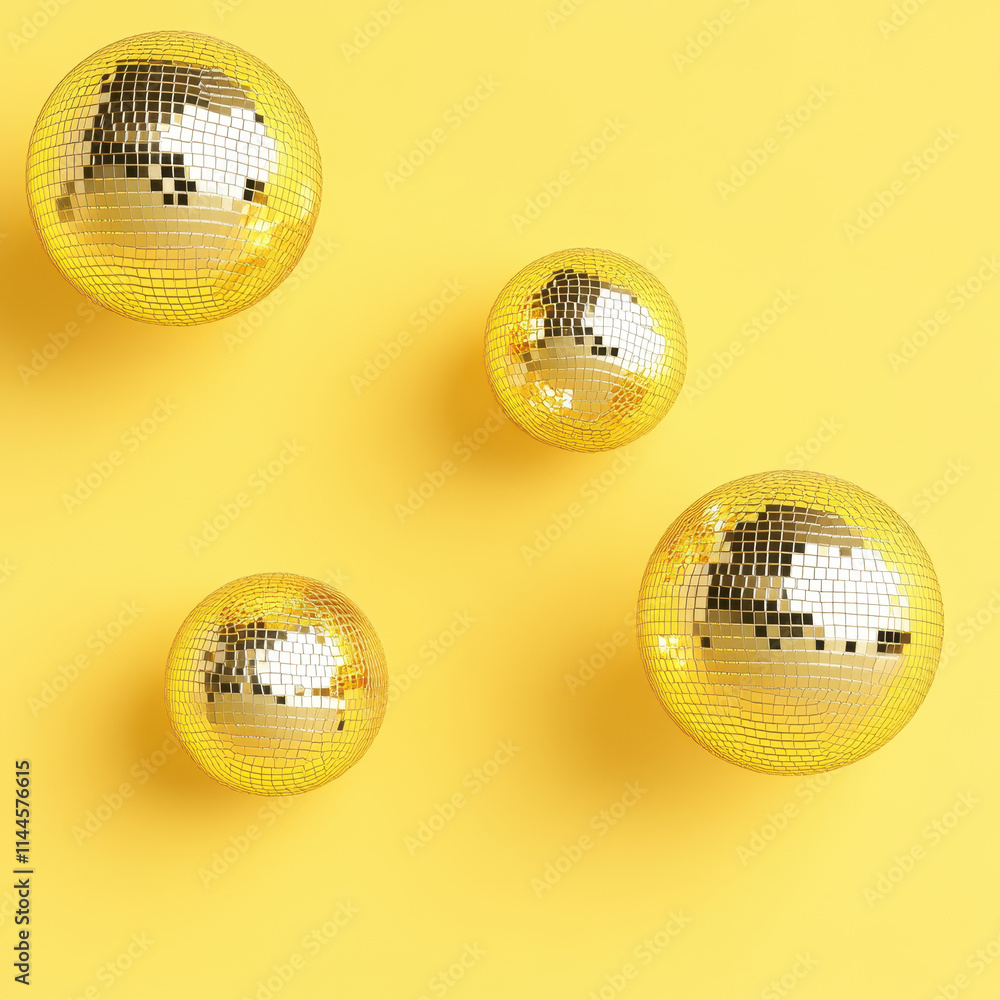 Poster shiny yellow disco balls create vibrant and dynamic pattern against bright yellow background, adding