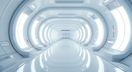 Obraz premium Futuristic white corridor with glowing lights and smooth walls.