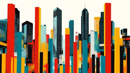 Urban City Skyline Illustration with Skyscrapers and Architectural Design in Blue Color