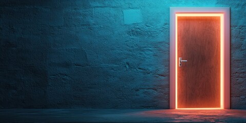 Personal Inspiration courage concept. Illuminated door in a dark, textured environment with a blue hue.