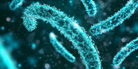 A stylized representation of bacteria or microorganisms, depicted with glowing, textured structures in a dark background. Concept Stylized Microorganisms, Glowing Textures, Dark Background