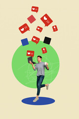 Vertical collage poster young man blogger social media notification popularity smm targetologist runner laptop digital device