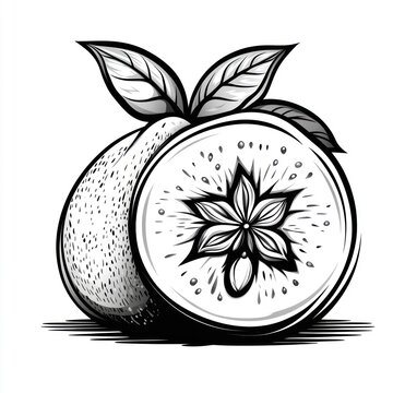 recommend clip art: Monochrome illustration of a halved citrus fruit with detailed floral core and leaves.