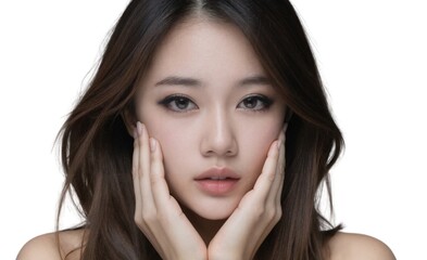 Fototapeta premium Photograph of a young Asian woman with long dark hair, wearing a black top, and gently touching her face. white background