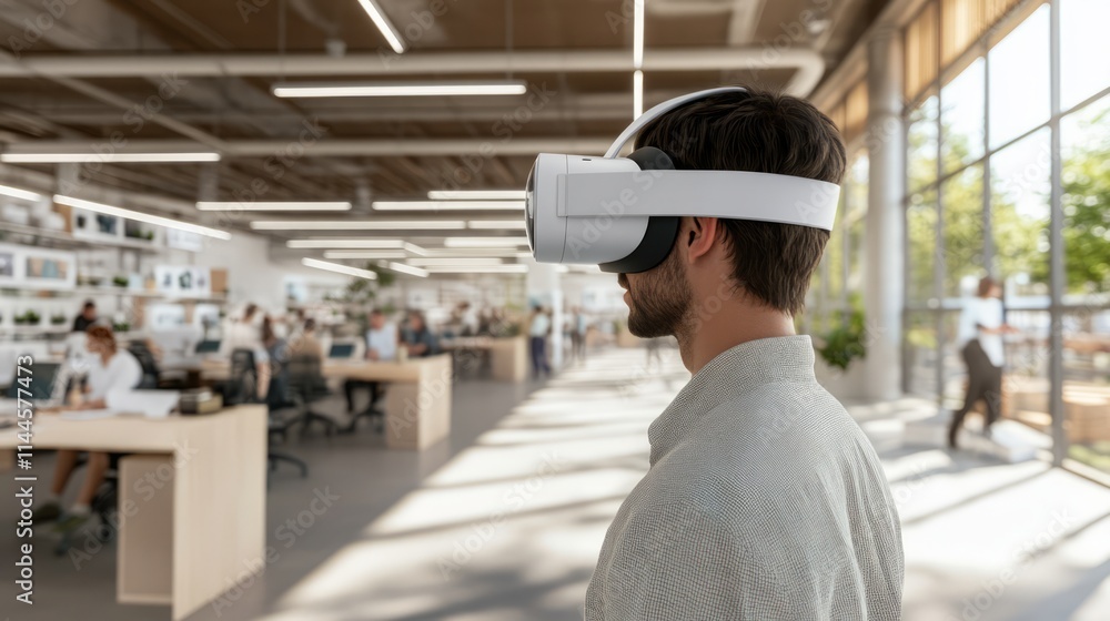 Poster young professional using virtual reality headset in modern office environment, exploring digital exp