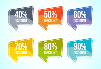 Product discount tag sticker set. Shopping discount label with 40, 50, 60, 70, 80, and 90 percent off