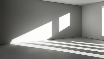 Minimalist monochromatic room with smooth gray walls, natural light, and elongated shadows, creating a serene, balanced space emphasizing light and texture.