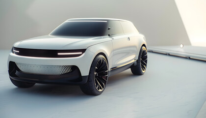 A futuristic white electric concept SUV is displayed at an exhibition with ambient lighting, highlighting its modern design and innovative features, showcasing luxury and technology