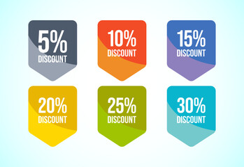 Product discount tag sticker set. Shopping discount label with 5, 10, 15, 20, 25, and 30 percent off
