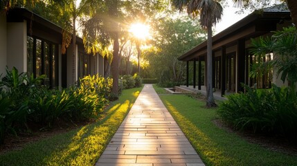 Obraz premium Tranquil Pathway in a Lush Garden with Morning Sunlight Streaming Through Trees and Flowers, Inviting Serene Ambiance and Natural Beauty