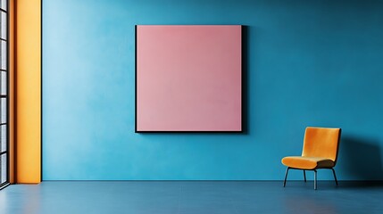 Vivid pink mockup hangs gracefully photo wide shot blue room. AI Generated