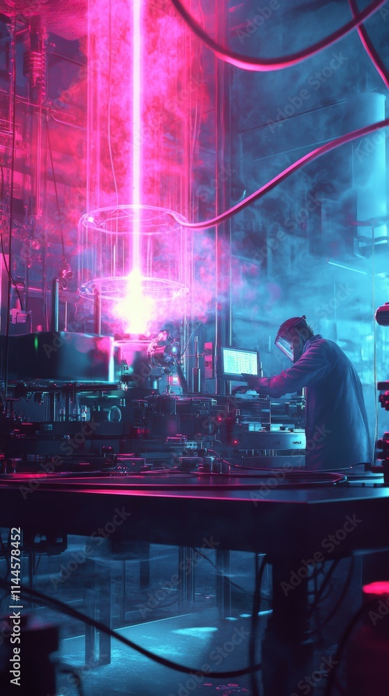 Poster a futuristic laboratory setup featuring a scientist working amidst advanced machinery, bathed in pin