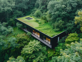 Fototapeta premium A drone shot capturing the lush greenery of a house’s roof blending seamlessly into a forested landscape with eco dark sand roads
