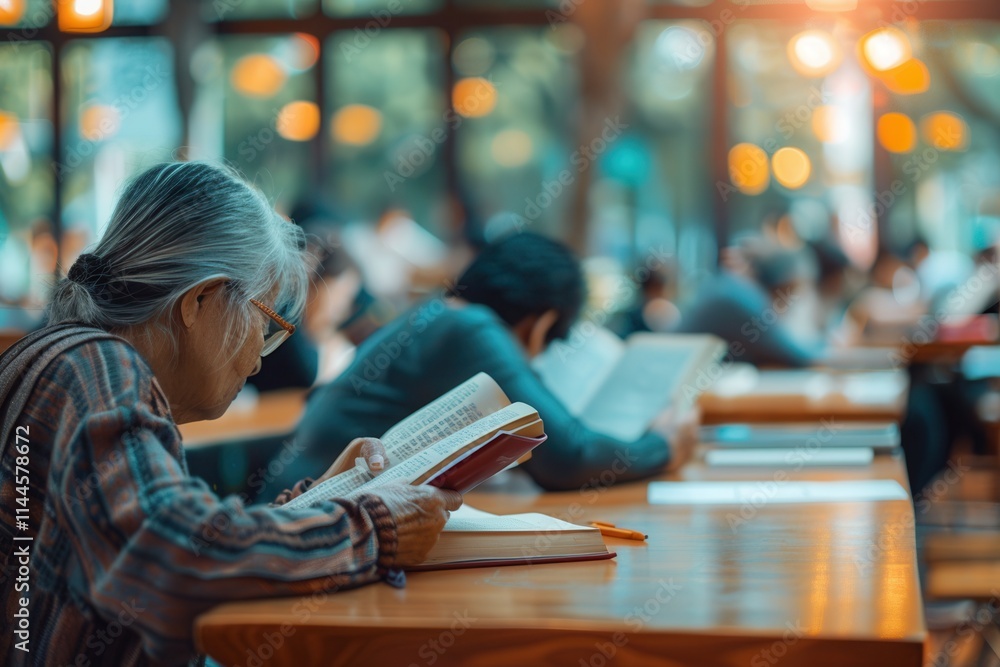 Fototapete Elderly individuals engaged in reading and studying in a well lit library during afternoon hours. Generative AI