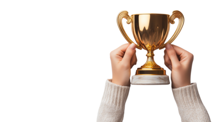   A Close-up of hands holding a golden trophy cup, isolated on Transparent PNG format Background. 