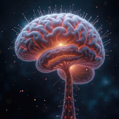 Fototapeta premium A highly detailed illustration of a human brain is showcased with vibrant neural connections emitting light. The artwork visually represents cognitive processes and complex thought patterns. AI