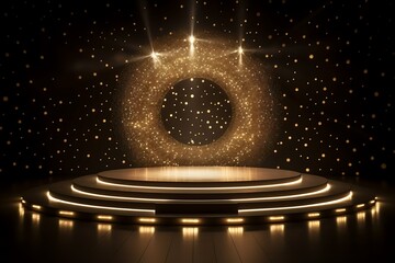 Illuminated circular stage with gold glitter backdrop and spotlights.