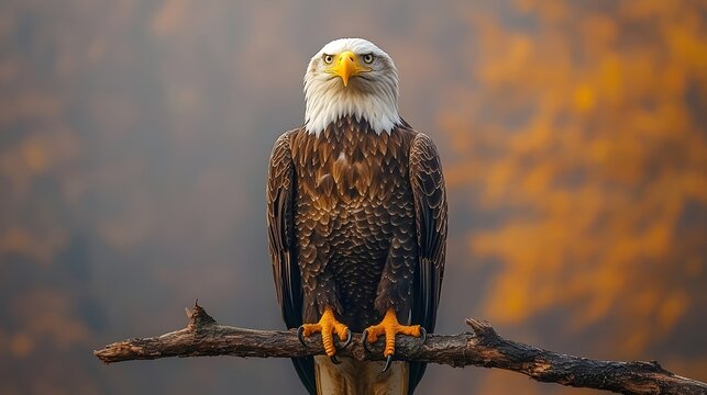 A large eagle is perched on a branch, looking at the camera