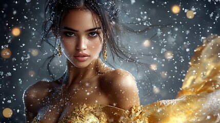Obraz premium A captivating winter celebration scene featuring an elegant woman in a glowing golden gown, styled with a polished bun and minimalist golden jewelry. Snowfall and festive lights create a magical 