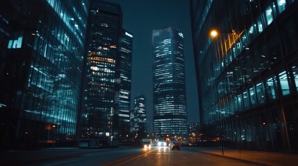 A nighttime cityscape featuring illuminated skyscrapers and a quiet street.