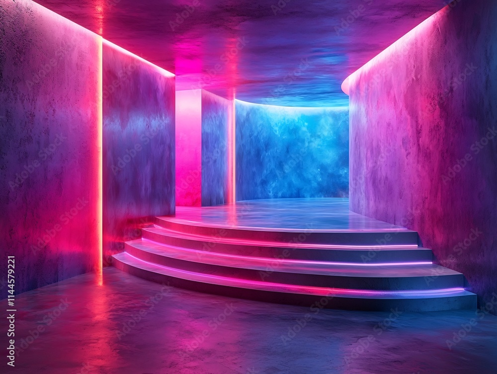 Wall mural floating futuristic podium with holographic lighting for product display concept