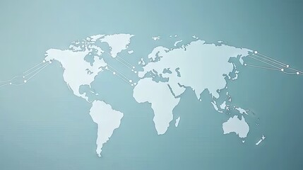 Naklejka premium Futuristic light blue background with a digital world map and glowing network lines connecting continents, symbolizing global business