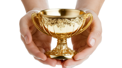  A Close-up of hands holding a golden trophy cup, isolated on Transparent PNG format Background. 