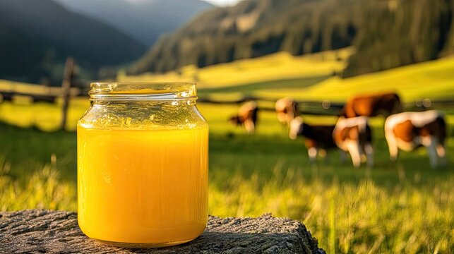 Ghee oil against the background of grazing cows. Selective focus.