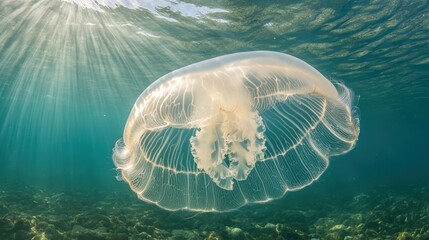 Underwater photography of translucent moon jellyfish in azure marine environments