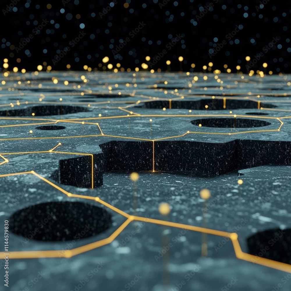 Poster abstract dark grey hexagon network glowing lines 3d render