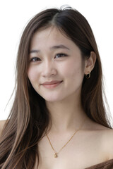 A photograph of a young Asian woman with long dark hair, wearing a gold necklace, against a plain white background.