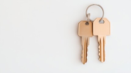 Minimalist image of two golden metallic keys on a simple white background, attached to a keyring. Perfect for themes related to security, homeownership, real estate, or modern lifestyle concepts.




