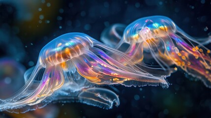 Naklejka premium Gigapixel detail of rainbow comb jellies underwater bioluminescence close-up