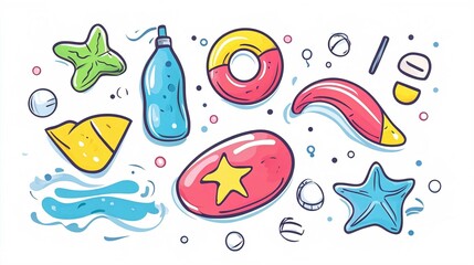 Naklejka premium Colorful Summer Beach Food Icons Vector Set for Vacation and Travel Illustration
