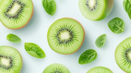 Fototapeta premium Fresh Kiwi Slices: A vibrant and appetizing flat lay featuring sliced kiwi fruit and delicate green leaves, creating a refreshing and visually appealing composition. 