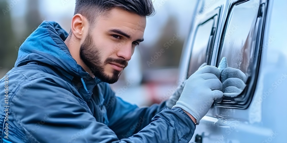 Poster a man in a jacket is focused on working with a tool on a vehicle's window, with a wintery background
