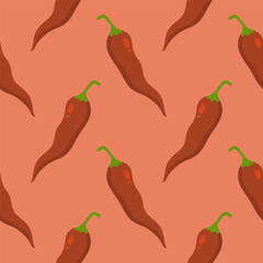 Chilli seamless pattern on color background. Red hot chili peppers natural organic food