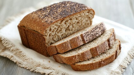 Slicing fresh rye bread with caraway seeds bright kitchen counter photography