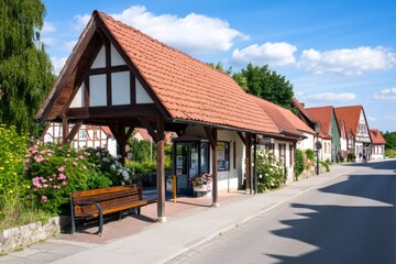 Naklejka premium Quaint european-style bus stop with red tiled roof