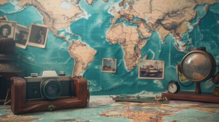 Travel memories displayed on a world map backdrop with various travel photos and a vintage camera. Generative AI