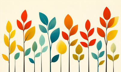 A colorful illustration of stylized trees with vibrant leaves in various shades.