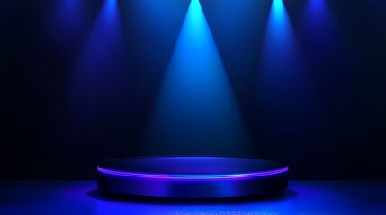 Glowing podium brightly lit with a blue neon spotlight 3D render futuristic style.. AI Generated