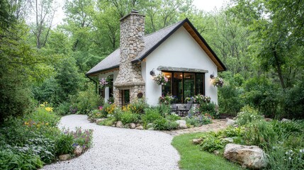 Charming stone and stucco cottage nestled in a lush garden.