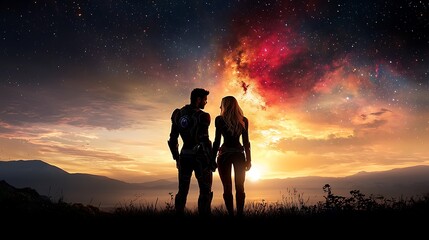 Fototapeta premium Advanced sci-fi armor and AI aesthetic with two characters holding hands against the backdrop of a radiant space opera-style galaxy, ultra-realistic, photo-realistic, highly detailed, 