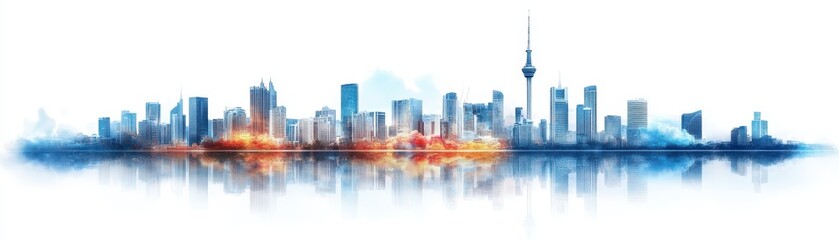 Modern city skyline with reflections at dawn.