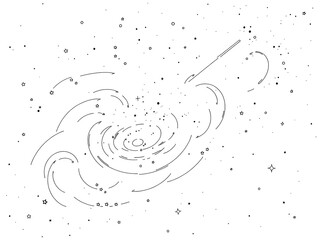 A black and white drawing of a spiral galaxy with stars. AI Generated