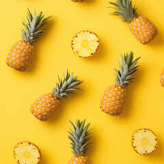 Fresh pineapples on vibrant yellow background create cheerful and tropical atmosphere. whole and sliced pineapples showcase their juicy texture and bright color, perfect for summer vibes