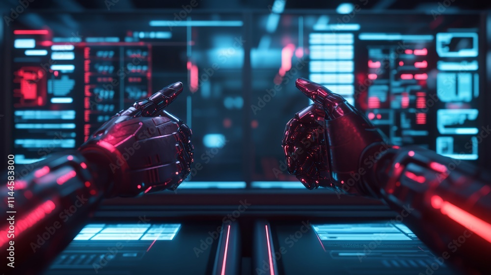 Poster futuristic robotic hands interacting with advanced holographic user interface in a high-tech environ
