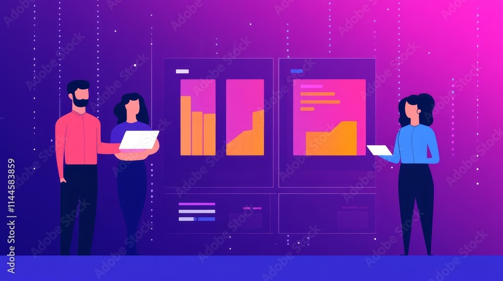 Poster team of diverse business professionals analyzing data visualizations on digital screens in a modern 